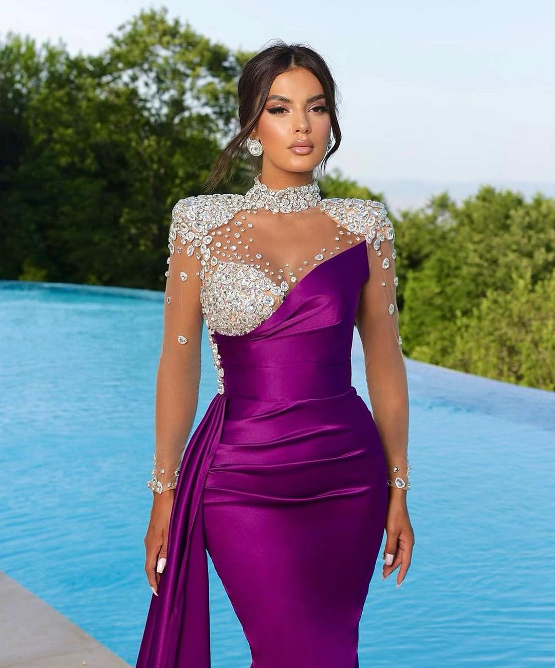 Prom Dress Long Mermaid Satin With Trail Beadings Long Sleeves Purple