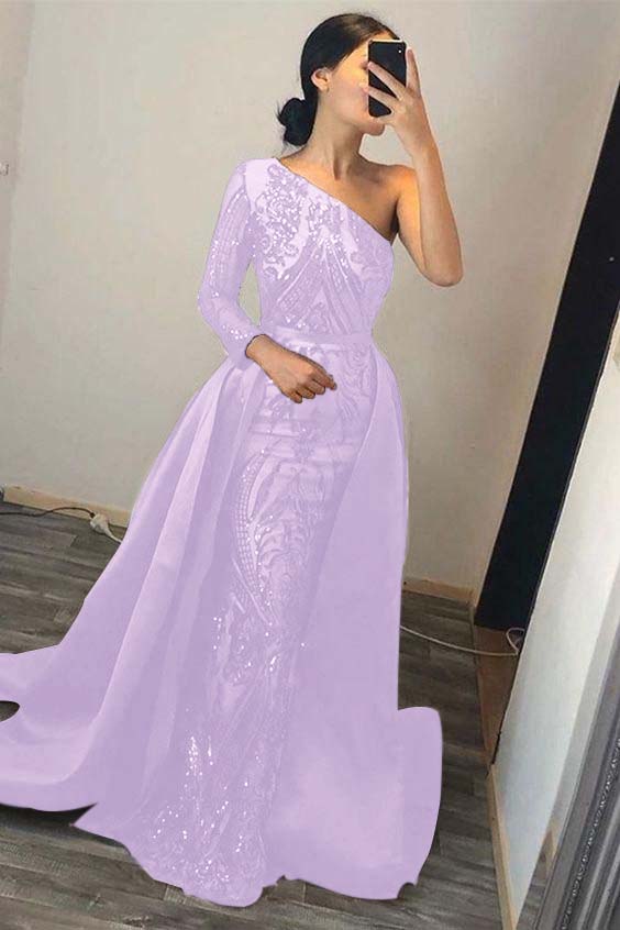 Dark Green Overskirt One Shoulder Long Sleeve Mermaid Prom Dress With Sequins