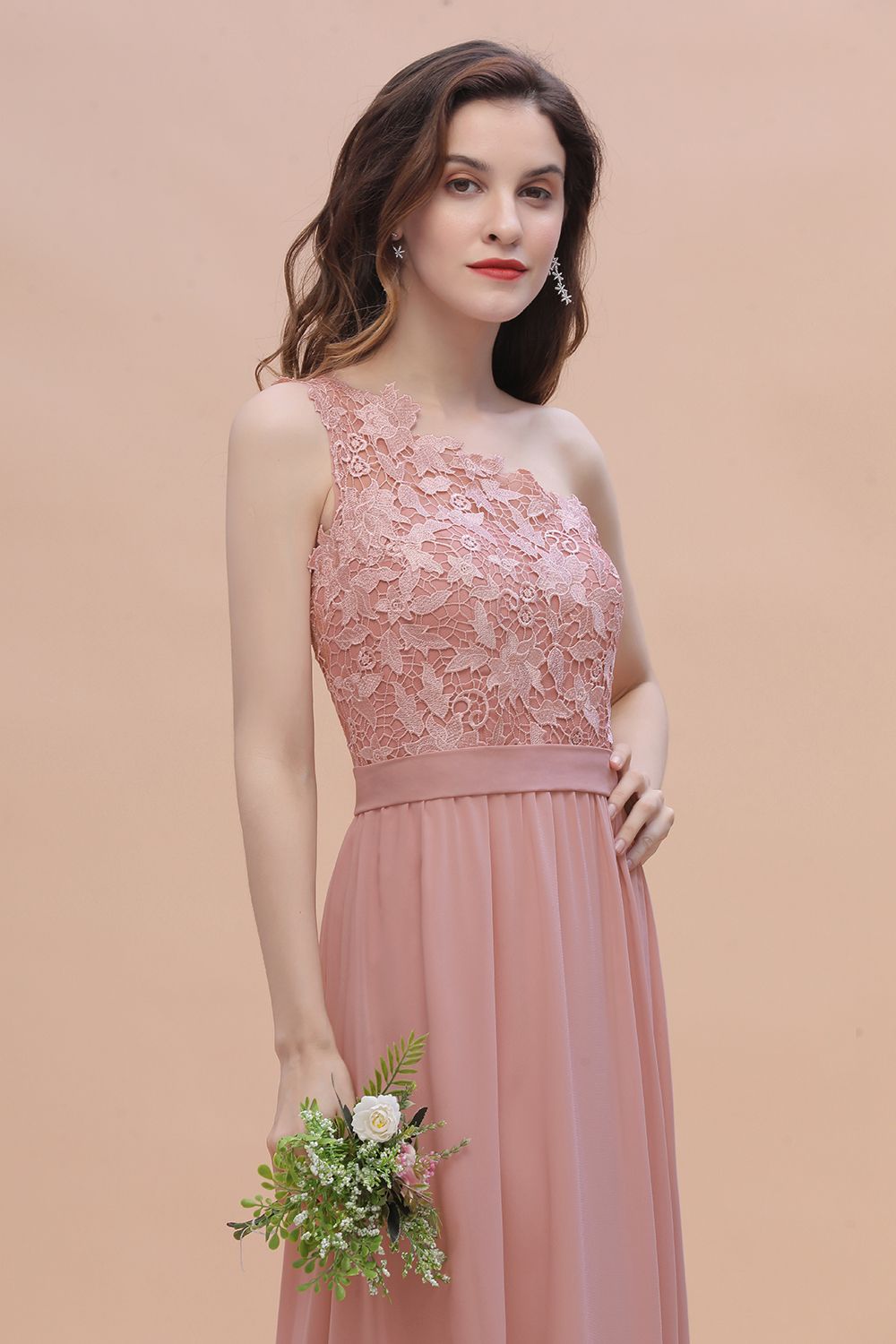 BMbridal Chic One Shoulder Chiffon Lace Vintage Mauve Bridesmaid Dress On Sale-BMbridal