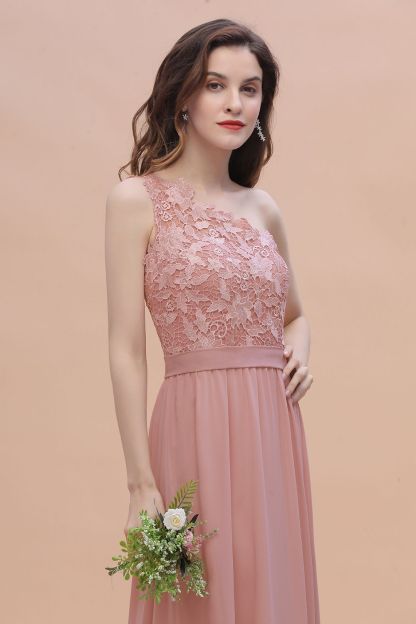 BMbridal Chic One Shoulder Chiffon Lace Vintage Mauve Bridesmaid Dress On Sale-BMbridal