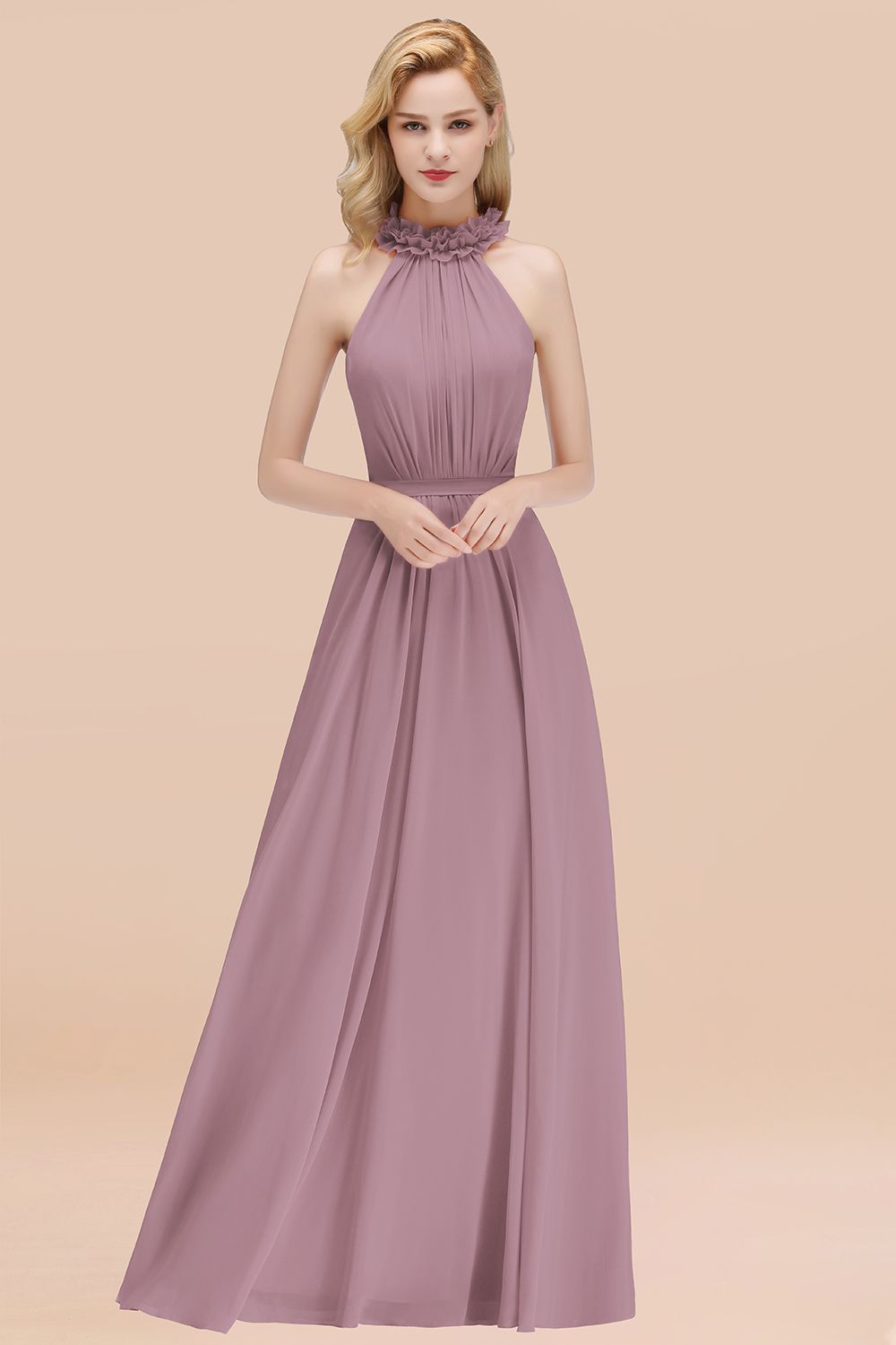 BMbridal Modest High-Neck Halter Ruffle Chiffon Bridesmaid Dresses Affordable-BMbridal