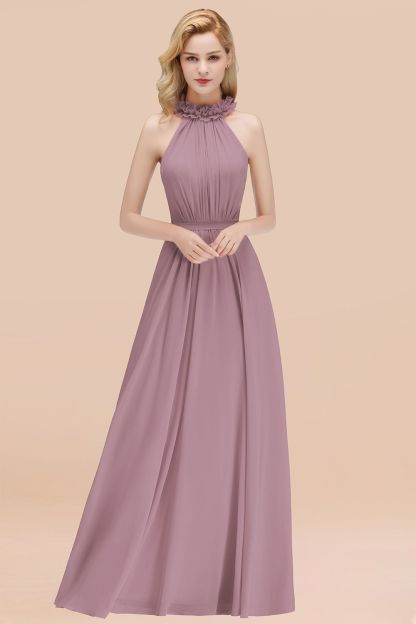 BMbridal Modest High-Neck Halter Ruffle Chiffon Bridesmaid Dresses Affordable-BMbridal