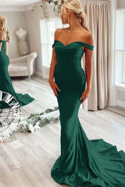 Off the Shoulder Sleeveless Mermaid Long Prom Dress With Pleated
