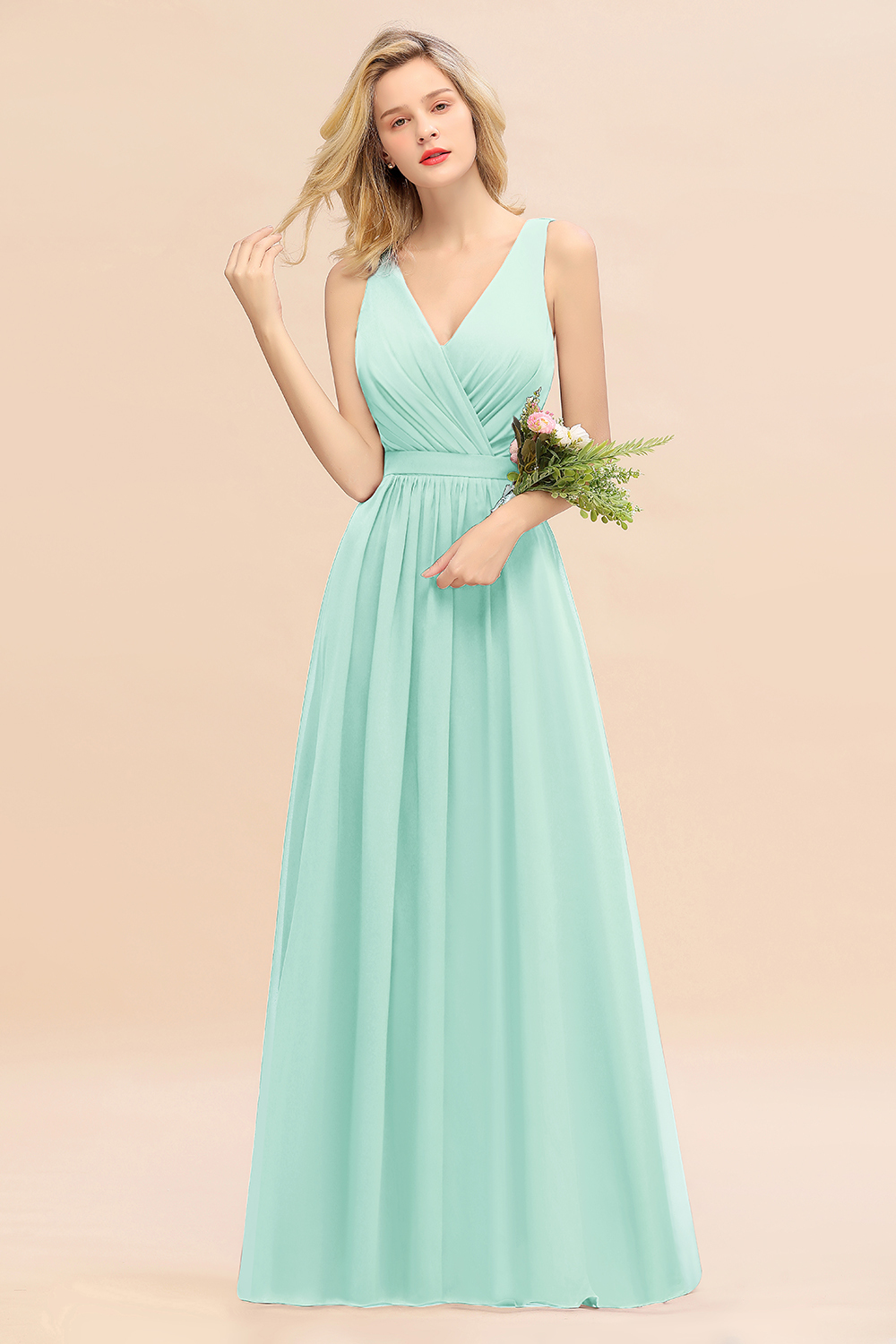 BMbridal Affordable V-Neck Ruffle Long Grape Chiffon Bridesmaid Dress with Bow-BMbridal