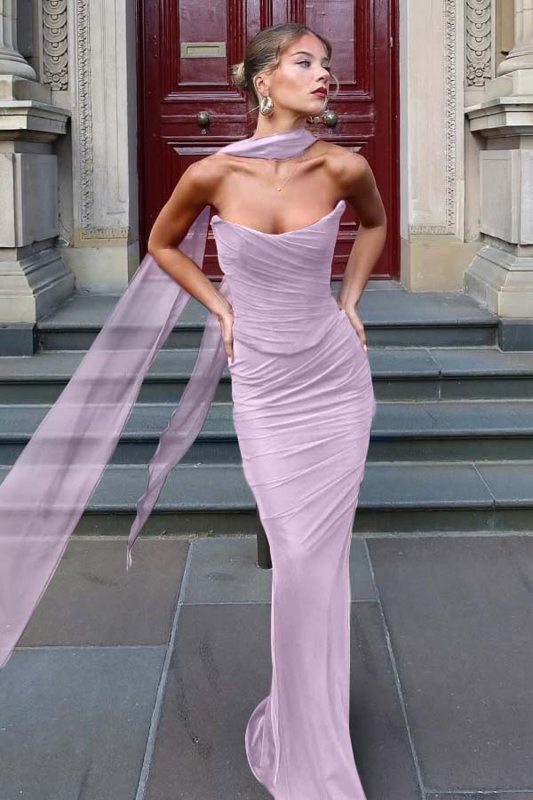 Chiffon Strapless Sleeveless Long Mermaid Prom Dress With Pleated