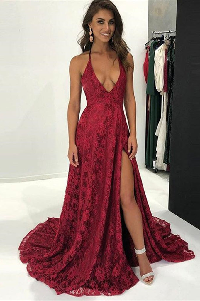 Burgundy Modern Halter Deep V Neck Backless Long Lace Prom Dress With Split