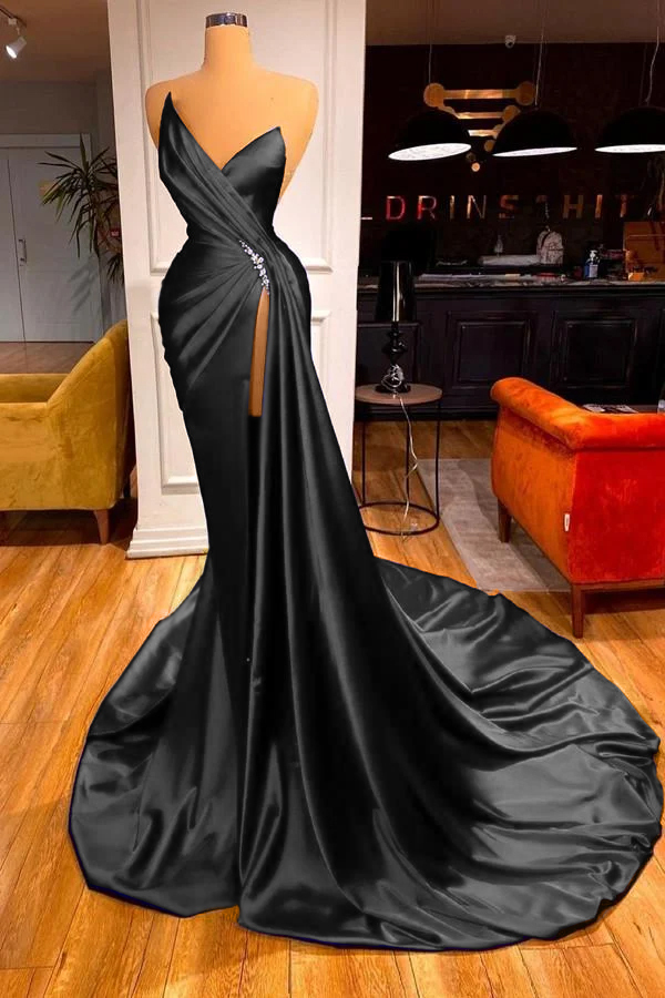 Strapless Sleeveless High Split Long Prom Dress With Beading