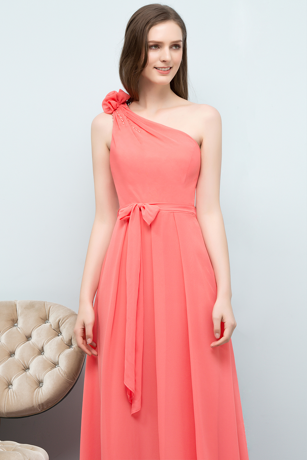 BMbridal Chic One Shoulder Flower Long Bridesmaid Dresses with Bow Sash-BMbridal