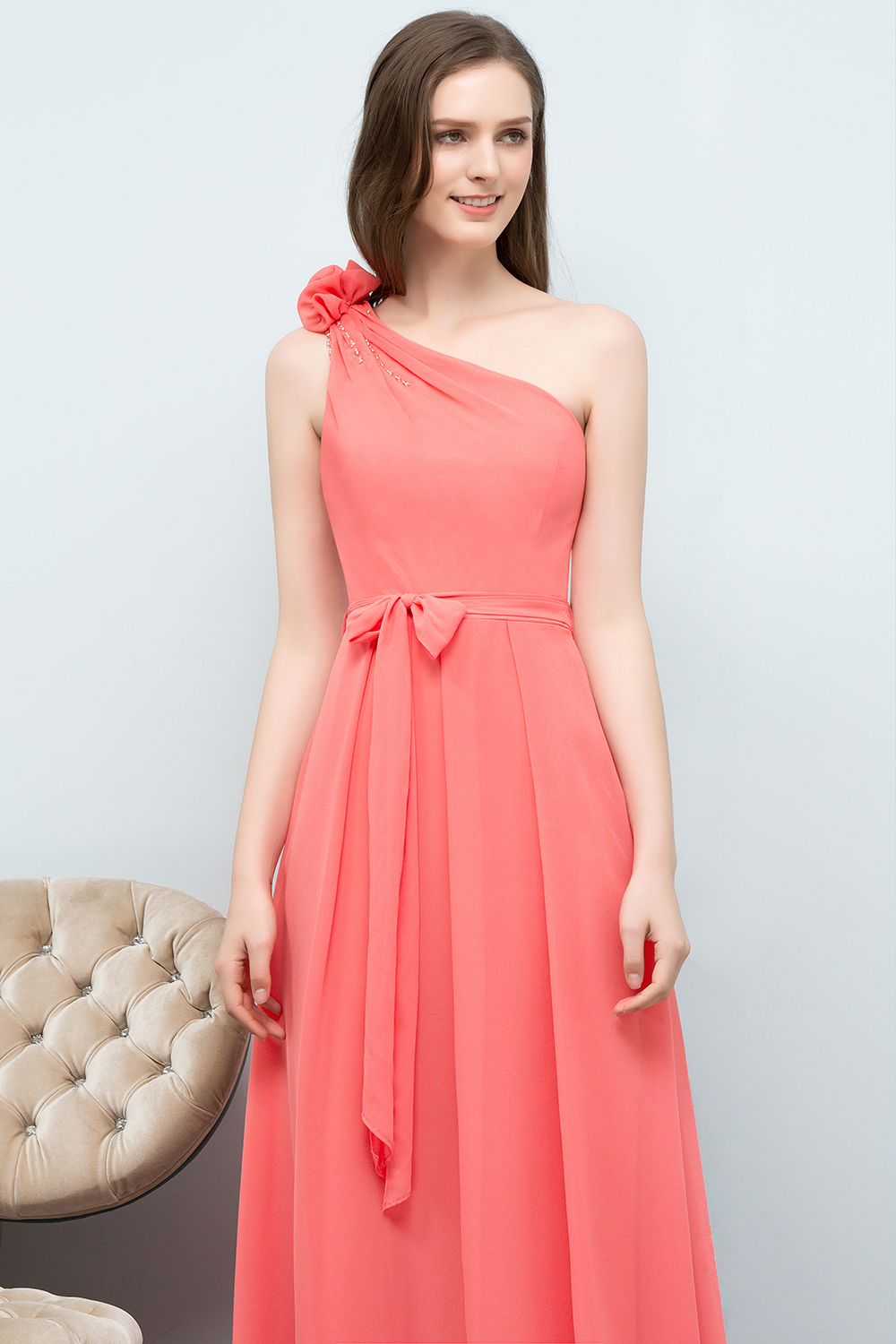 BMbridal Chic One Shoulder Flower Long Bridesmaid Dresses with Bow Sash-BMbridal
