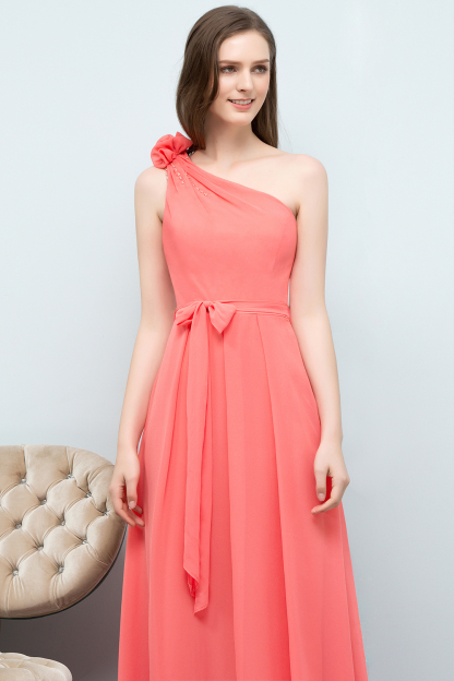 BMbridal Chic One Shoulder Flower Long Bridesmaid Dresses with Bow Sash-BMbridal