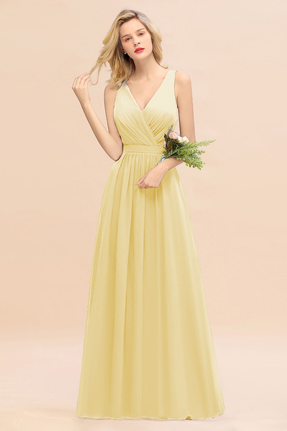 BMbridal Affordable V-Neck Ruffle Long Grape Chiffon Bridesmaid Dress with Bow-BMbridal