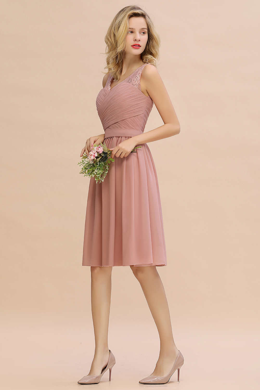 BMbridal Affordable V-Neck Sleeveless Ruffles Short Lace Bridesmaid dresses Online-BMbridal