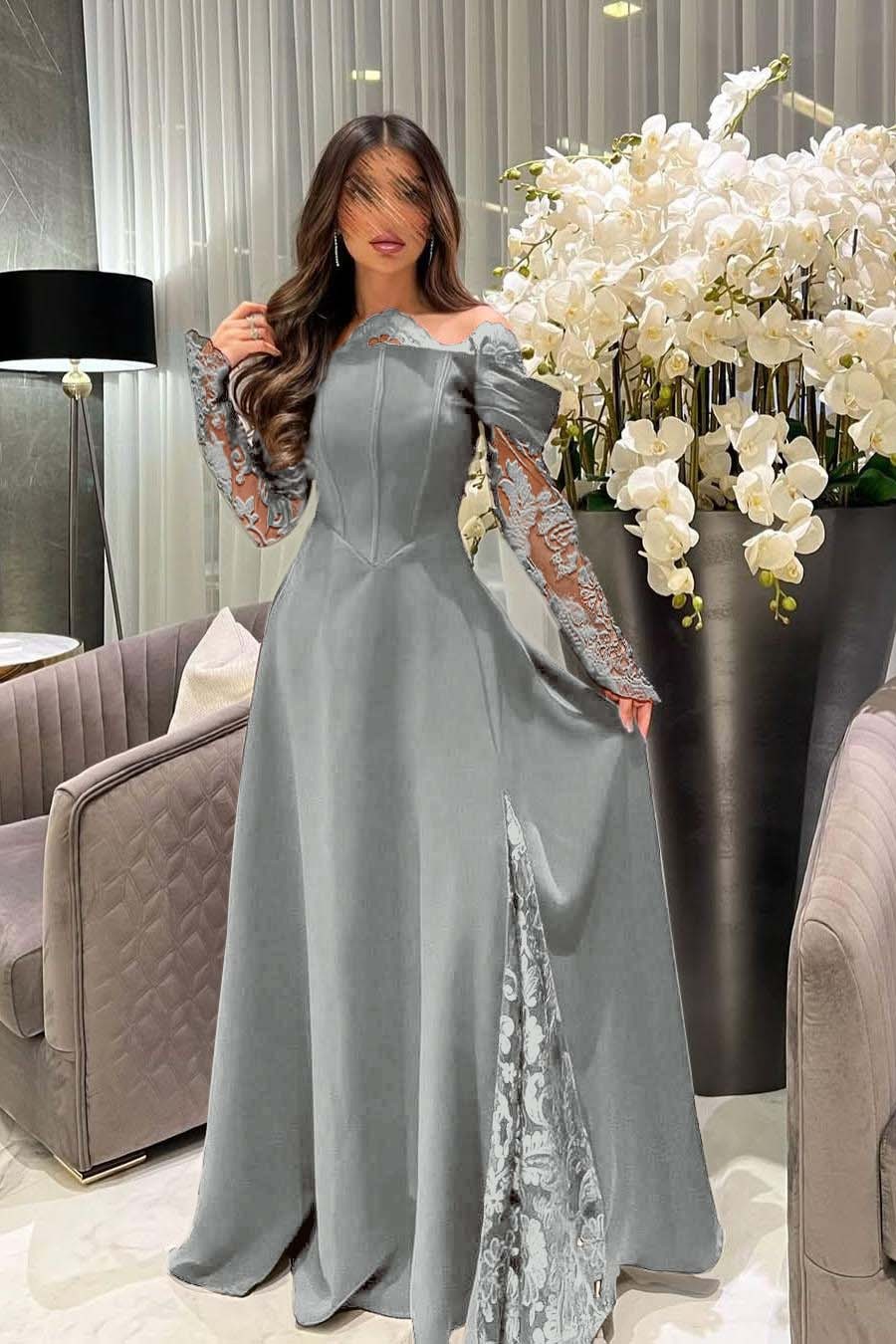 White Off the Shoulder Long Sleeves Long Prom Dress With Appliques