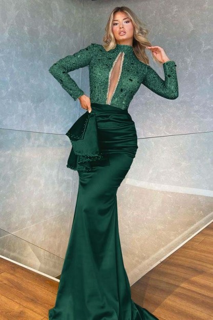 High Collar Long Sleeves Mermaid Pleated Sequins Prom Dress With Beadings
