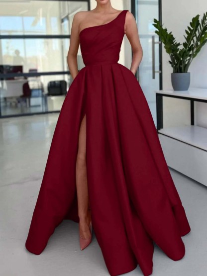 One Shoulder Sleeveless Long High Split Prom Dress With Pockets