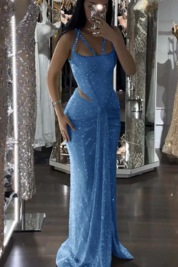 Straps Sleeveless Long Mermaid Prom Dress With Sequins Pleated