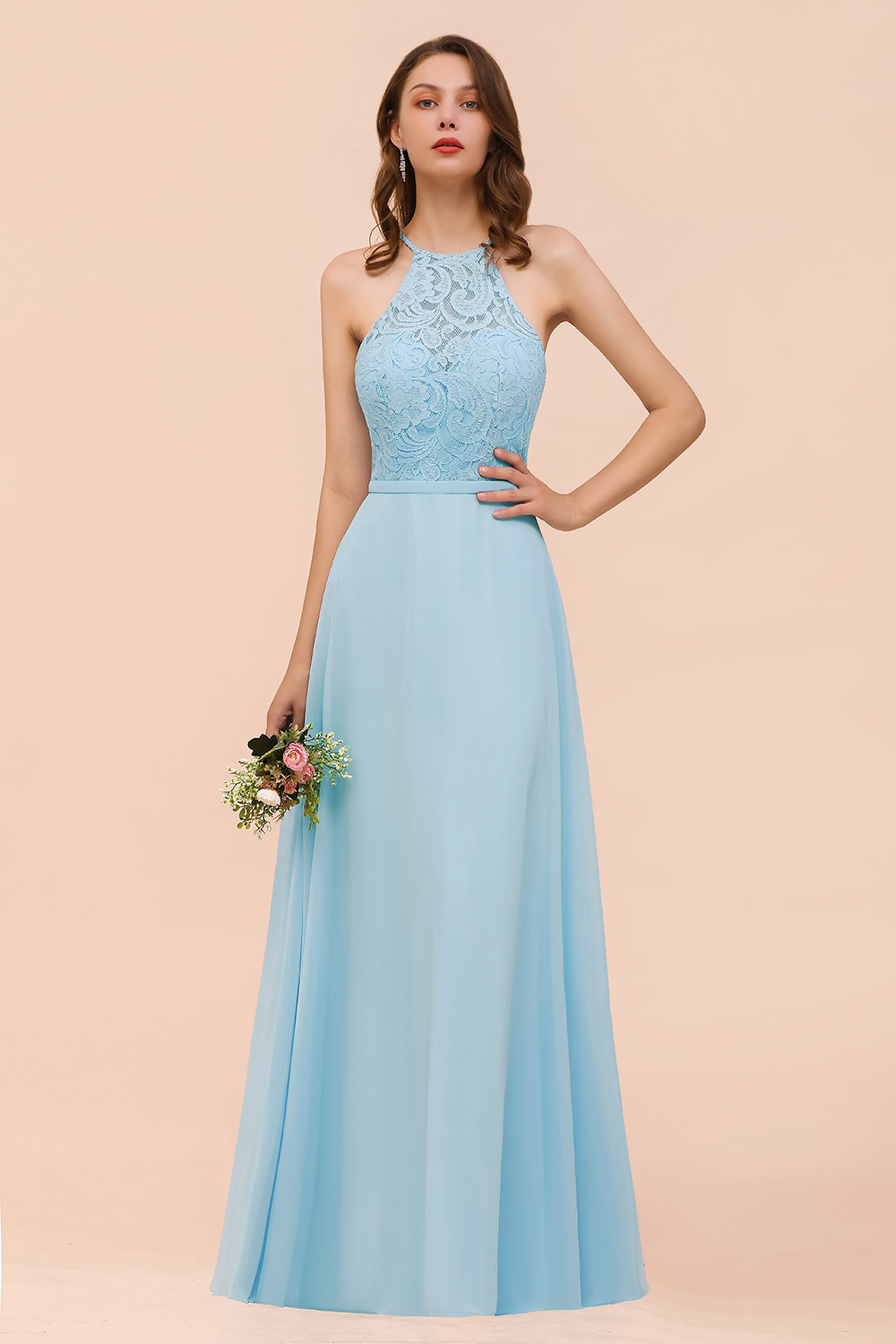 BMbridal Chic Halter Sleeveless Affordable Sky Blue Bridesmaid Dress with Lace-BMbridal