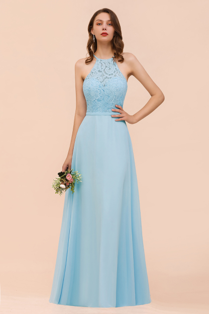 BMbridal Chic Halter Sleeveless Affordable Sky Blue Bridesmaid Dress with Lace-BMbridal