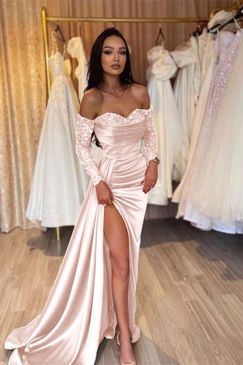 Off the Shoulder Long Sleeves Long Mermaid Prom Dress With Pleated