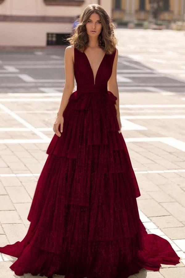 Tulle Straps V Neck Sleeveless Long Prom Dress With Sequin Pleated
