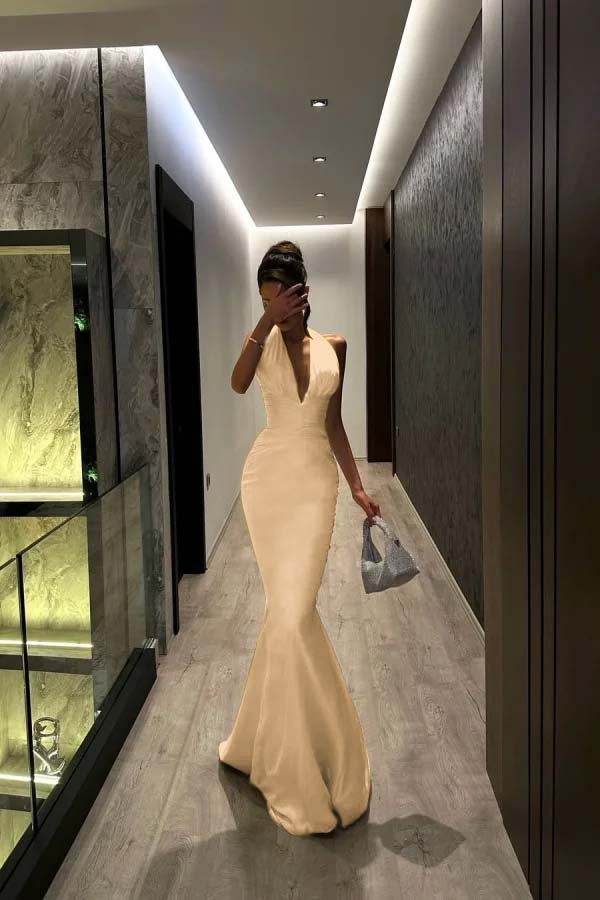 Halter V Neck Sleeveless Long Mermaid Prom Dress With Pleated