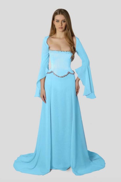 Chiffon Long Sleeves Long Mermaid Prom Dress With Beading Pleated