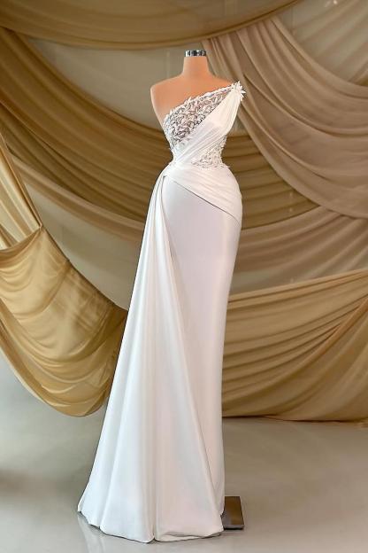 One Shoulder Sleeveless Long Prom Dress With Appliques Ruffles