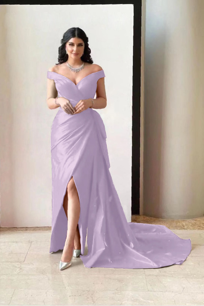 Amazing Fuchsia Off the Shoulder V Neck Split Prom Dress With Pleated