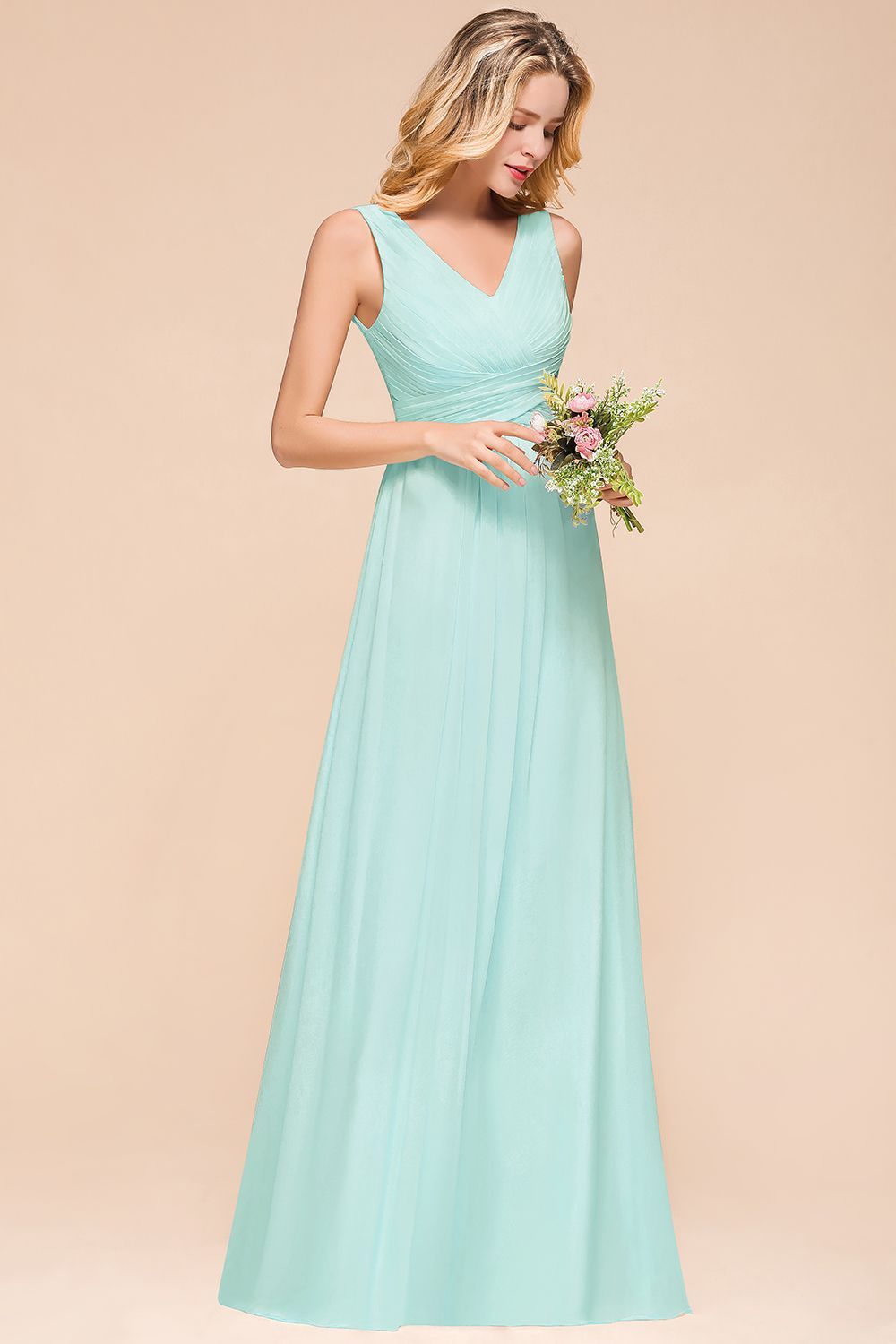 BMbridal Chic V-Neck Sleeveless Mint Green Bridesmaid Dresses with Ruffle-BMbridal
