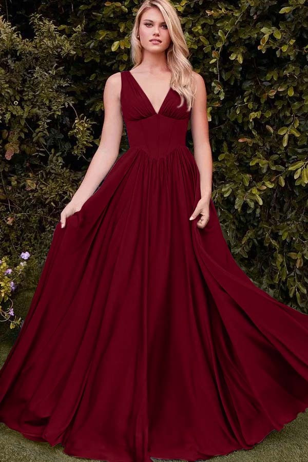 Straps V Neck Sleeveless Long A Line Prom Dress With Pleated