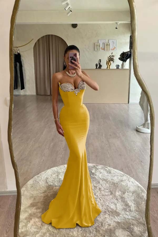 Strapless Sleeveless Long Mermaid Prom Dress With Beading Pleated