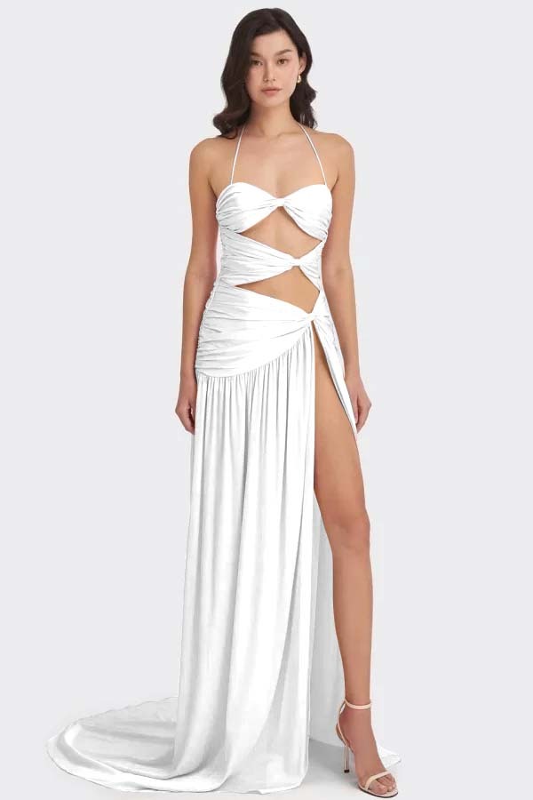 Chic Sleeveless Halter Long High Split Prom Dress With Pleated