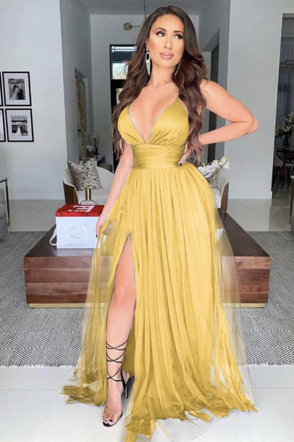 Black Tulle Sleeveless Modern Deep V Neck Long Prom Dress With High Split