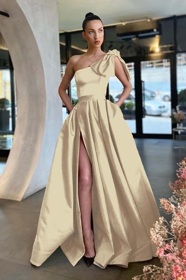 One Shoulder Sleeveless Long Split Prom Dress With Pockets Pleated