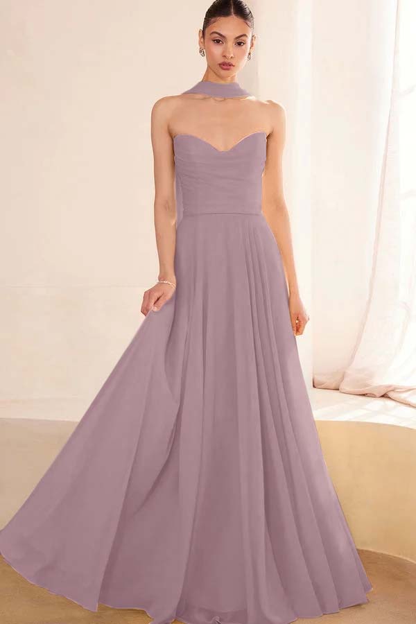 Chiffon Strapless Sleeveless Long A Line Prom Dress With Pleated