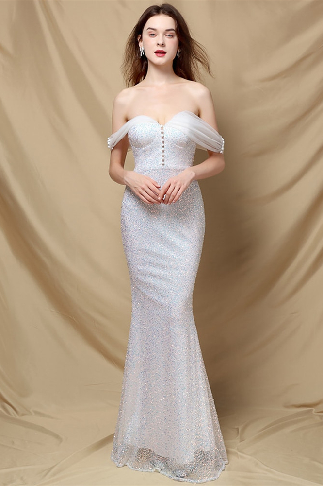 Elegant Off the Shoulder Mermaid Sequins Prom Dress With Sweetheart Buttons