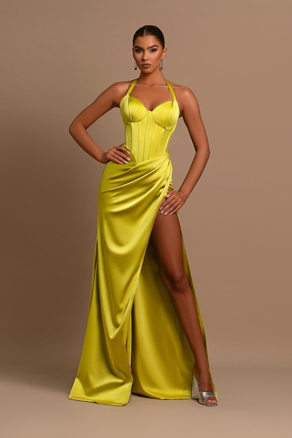 Fashionable Yellow Halter Neck Mermaid Side Split Prom Dress With Pleated