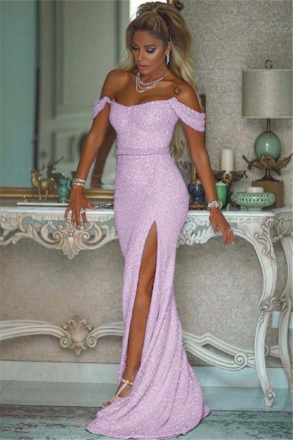 Pink Sequins Off the Shoulder Mermaid Elegant Prom Dresses With Split