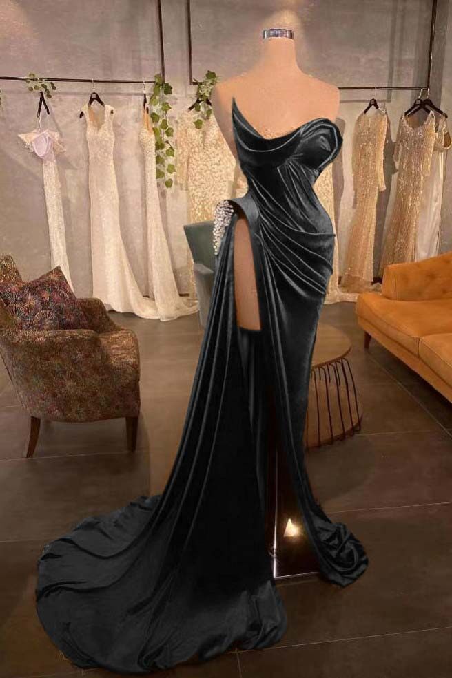 Strapless Sleeveless Long Prom Dress With High Split Pleated Beading