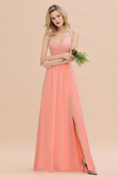 BMbridal Spaghetti-Straps Coral Lace Bridesmaid Dresses with Slit-BMbridal