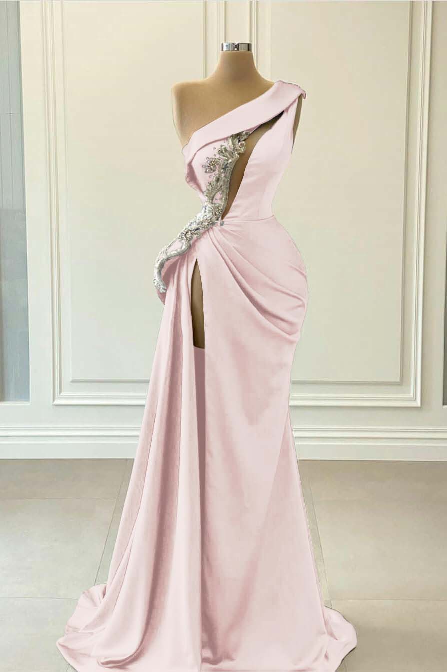 One Shoulder Sleeveless Blue High Split Long Mermaid Prom Dress With Beaded