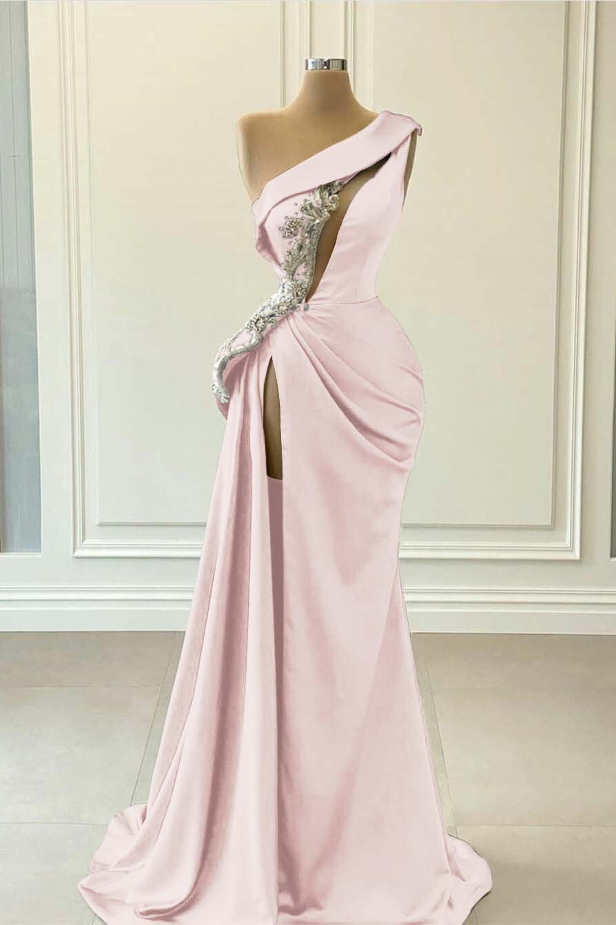 One Shoulder Sleeveless Blue High Split Long Mermaid Prom Dress With Beaded