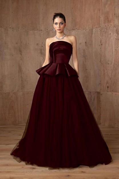 Tulle Strapless Sleeveless A Line Long Prom Dress With Ruffles