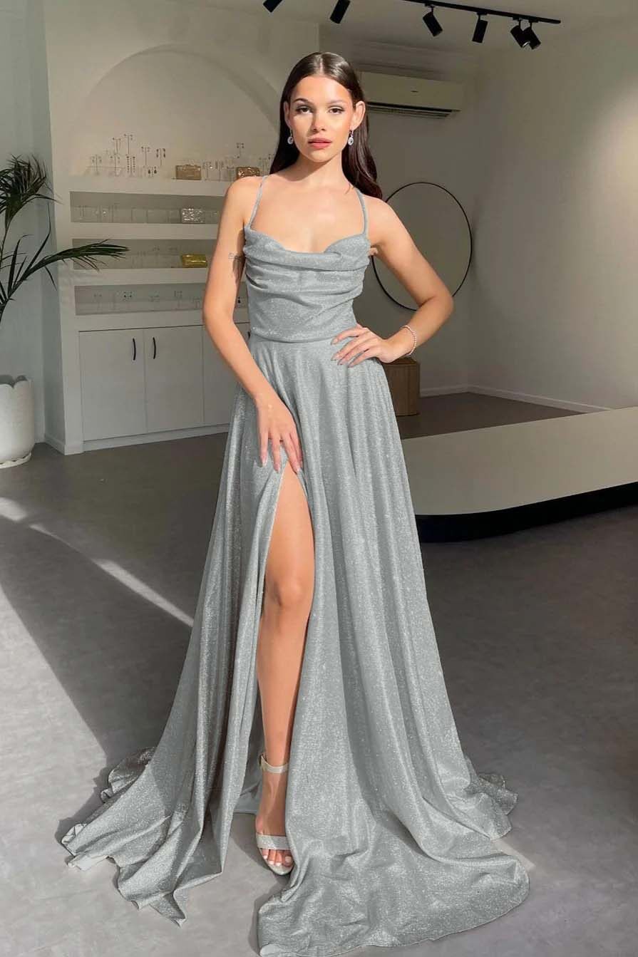 Halter Sleeveless Long Split Prom Dress With Pleated Sequins