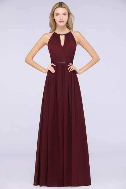 BMbridal Chic Burgundy Halter Long Backless Bridesmaid Dress with Beadings-BMbridal