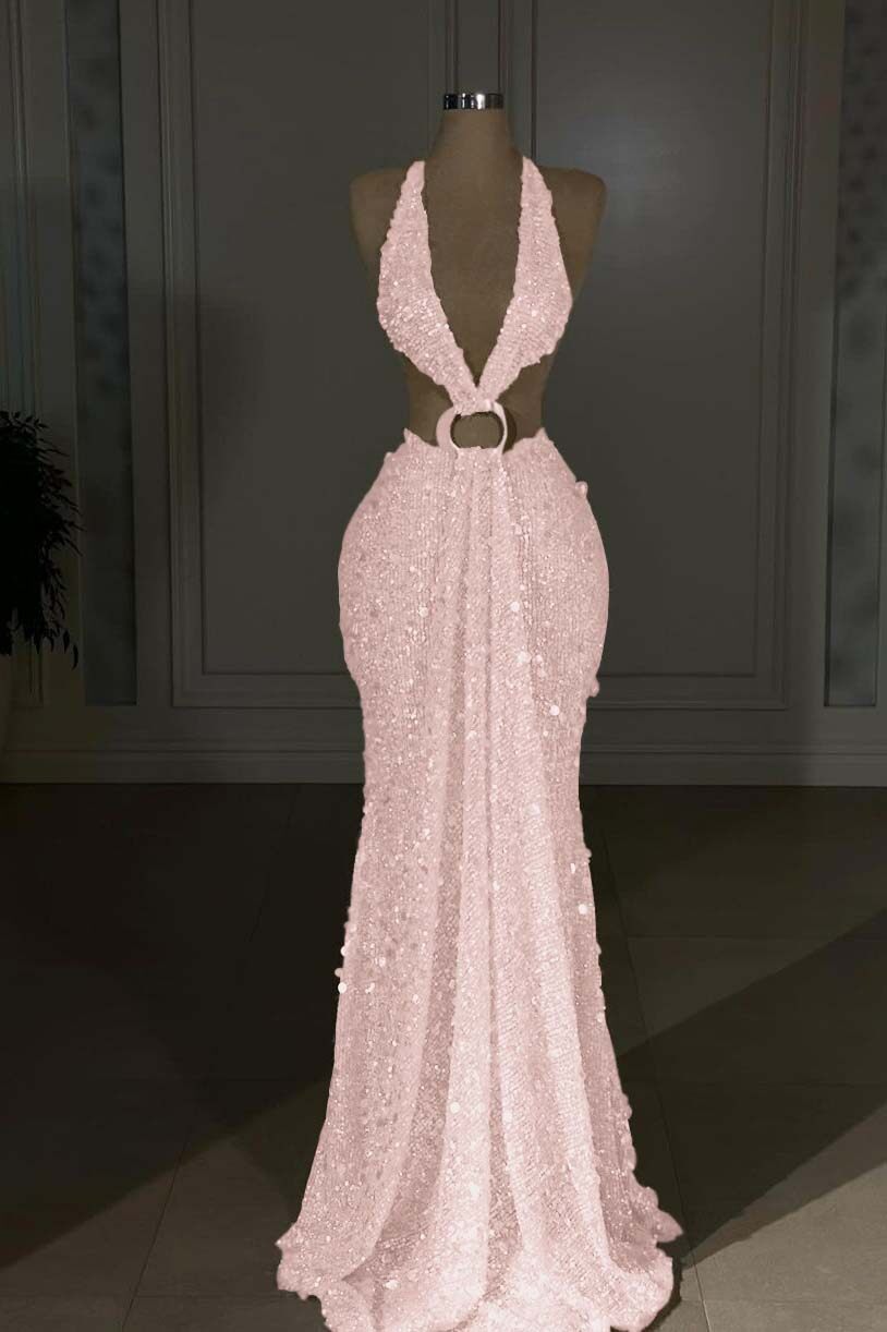 Halter Sleeveless Backless Long Mermaid Prom Dress With Sequins