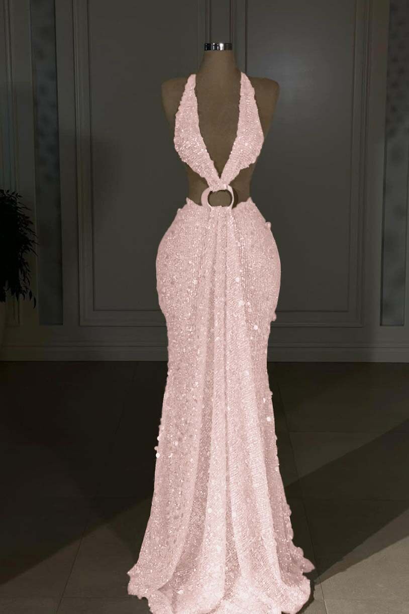 Halter Sleeveless Backless Long Mermaid Prom Dress With Sequins