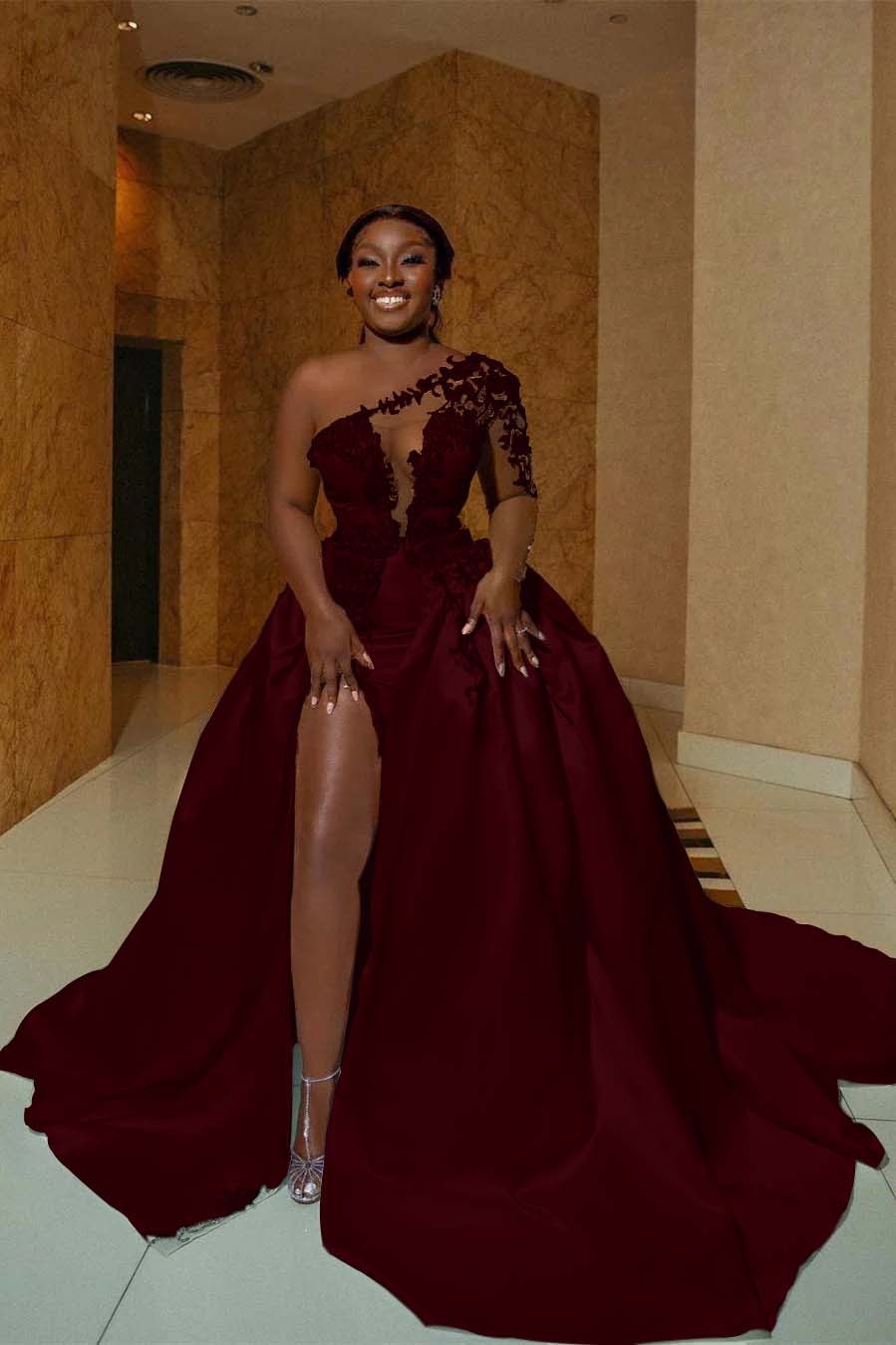 One Shoulder Sleeveless Long Split Prom Dress With Appliques