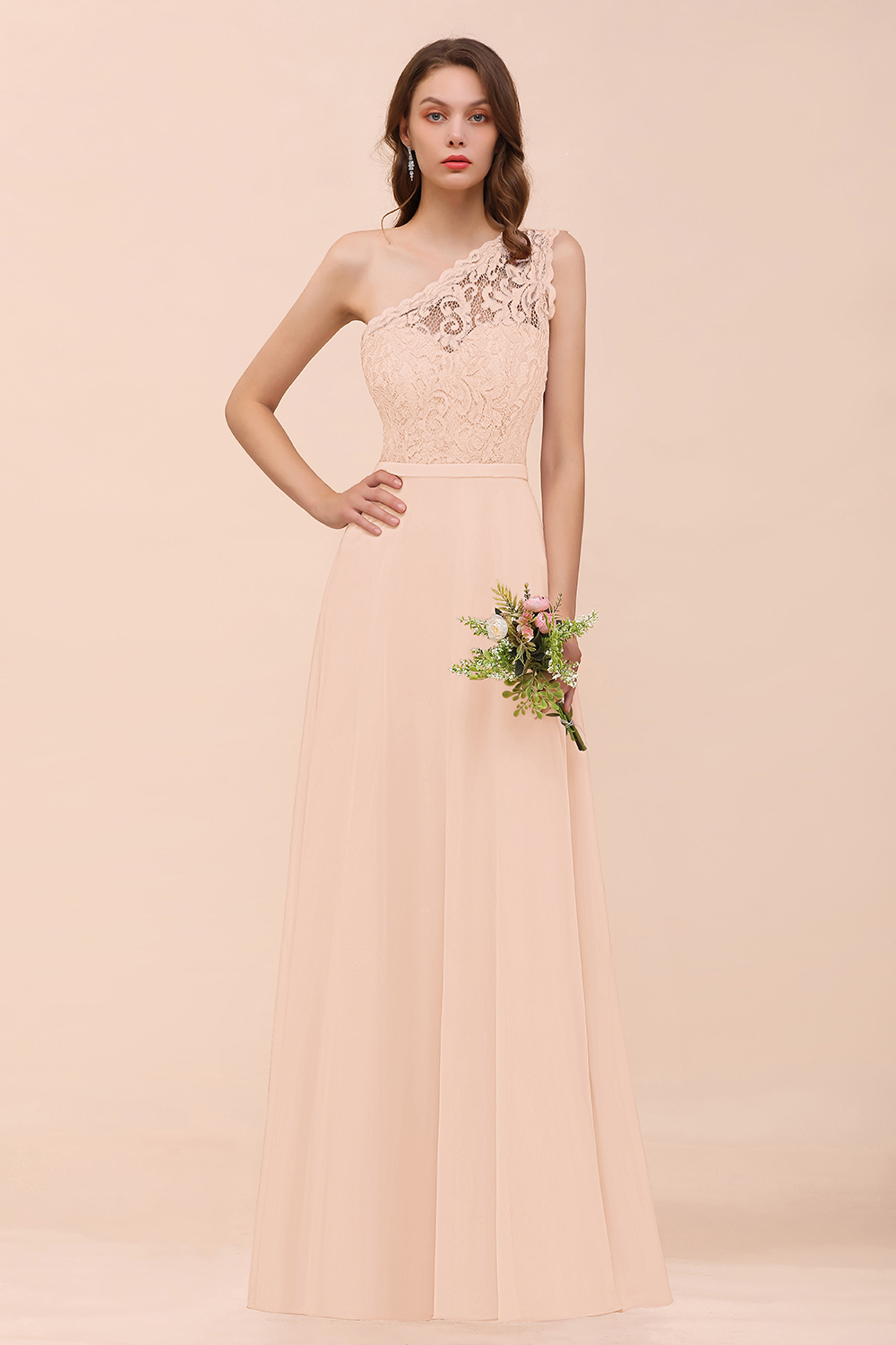 BMbridal New Arrival Dusty Rose One Shoulder Lace Long Bridesmaid Dress-BMbridal