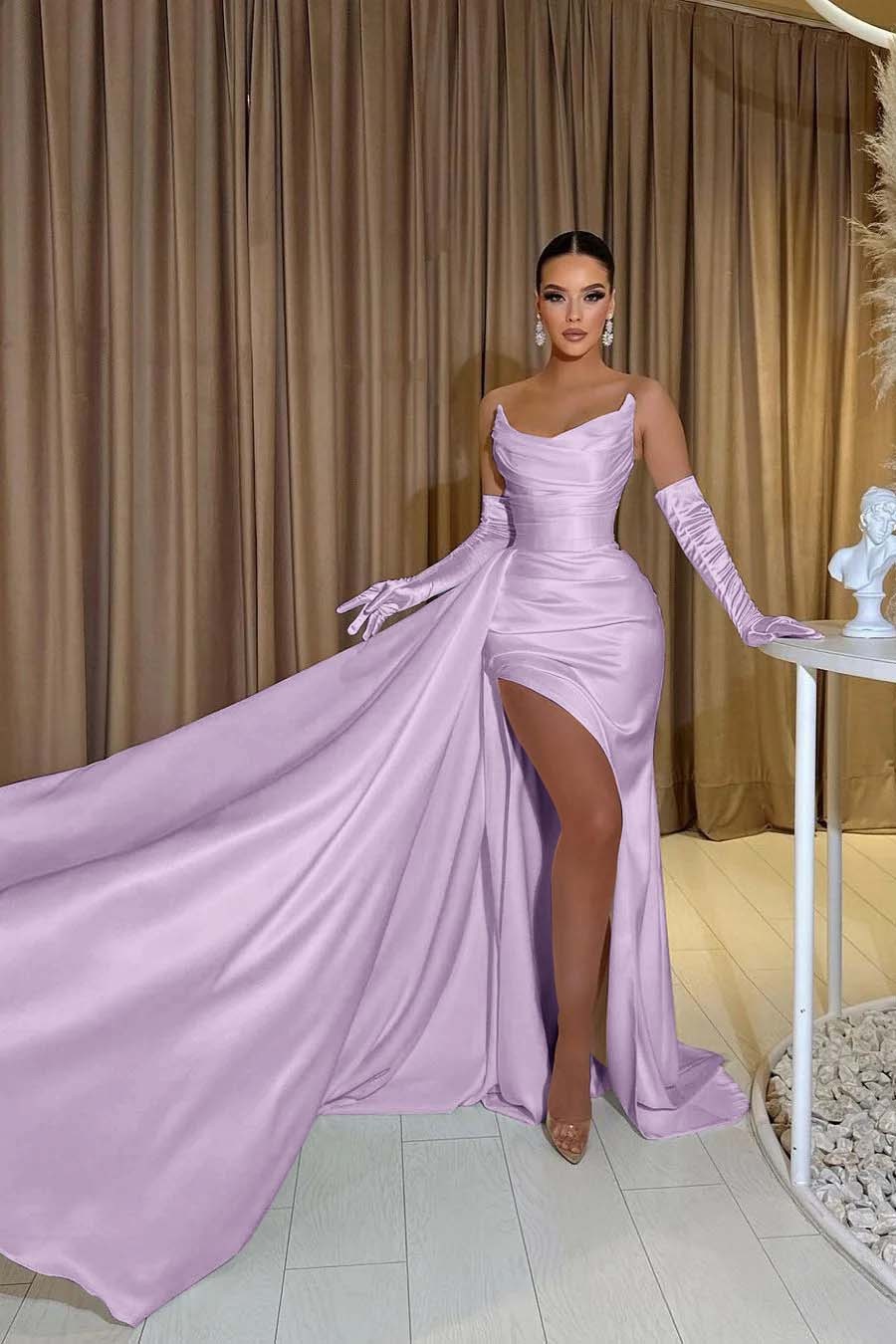 White Chiffon Strapless Sleeveless Split Mermaid Long Prom Dress With Gloves